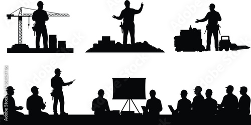  Construction worker silhouette, site activity, heavy equipment, team meeting, safety gear, black figures, vector illustration, training session, industrial teamwork concept