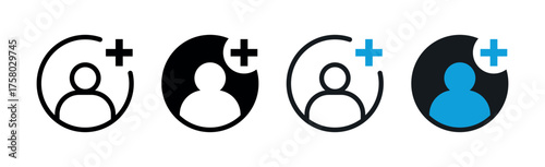 Add User Icon, Circular Profile with Plus Sign, Minimal Flat and Filled Variants for UI, Web, Mobile, Account Addition and Avatar Button