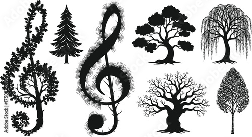 Tree silhouette vector illustration, creative forest design with musical treble clef shapes and diverse foliage, abstract botanical art, decorative nature elements, artistic inspiration concept