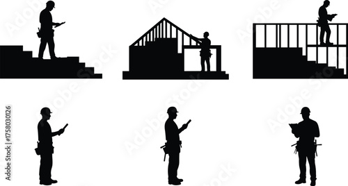  Construction worker silhouettes, building inspection, site engineer checking plans, architecture supervision, contractor on stairs and house framing, black isolated vector design