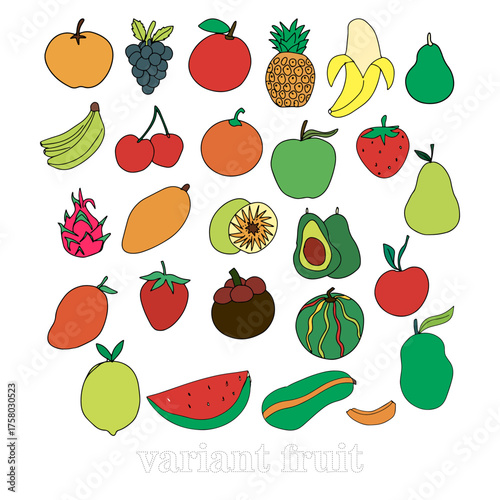 Set of variant fruit and style.  Organic fruits collection in doodle style, vector illustration isolated on white background
