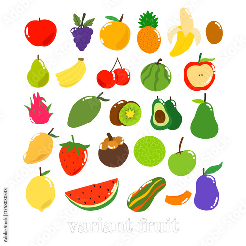 Set of variant fruit and style.  Organic fruits collection in doodle style, vector illustration isolated on white background
