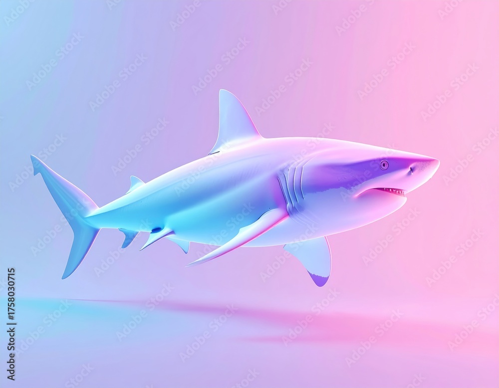 Fototapeta premium A stylized shark swims gracefully in a vibrant, gradient-colored background, blending shades of pink and blue for a modern, artistic effect.