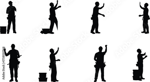  Construction worker silhouettes, tool belt professionals, black vector icons, industrial labor poses, construction tools, hard hat workers, bucket, box, plain background, action stance