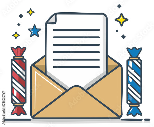 Open Envelope with Letter and Candy Wrapper with Stars Decoration Illustration