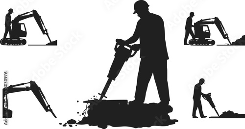 Construction worker with jackhammer, excavator digging, heavy machinery silhouette set, industrial labor, demolition equipment, vector illustration for building site themes