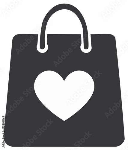 Dark grey shopping bag icon with a prominent white heart symbol representing love for purchases or favorite retail experiences