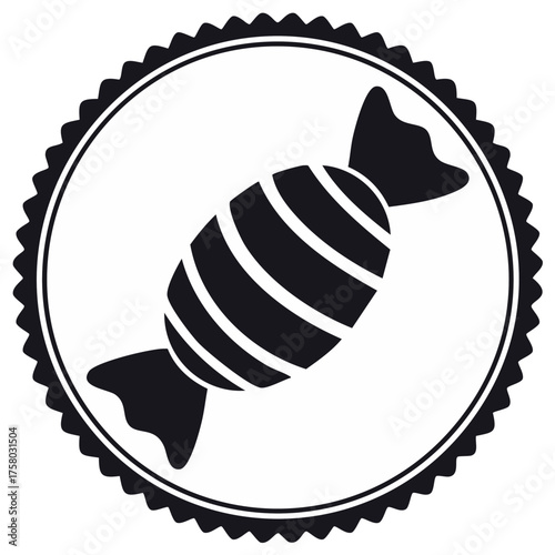Wrapped candy icon in decorative circle. Single wrapped hard candy sweet silhouette. Rounded sweet candy design for shop icon.