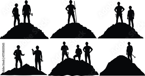 Construction workers silhouette, labor force illustration, industrial teamwork, building site crew, hard hat safety, vector icons for infrastructure, engineering, and surveying themes