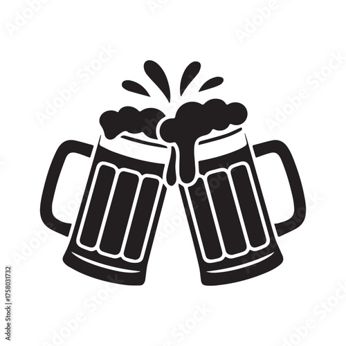 Two beer mugs clinking with foam in black silhouette vector white background 