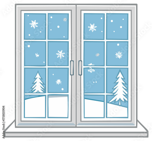 Illustration of a cozy window view with falling snowflakes and a winter tree