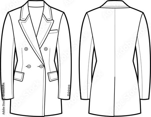 Double breasted blazer fashion flat sketch, stylish coat technical drawing, formal jacket CAD template, vector outline for apparel design, professional illustration