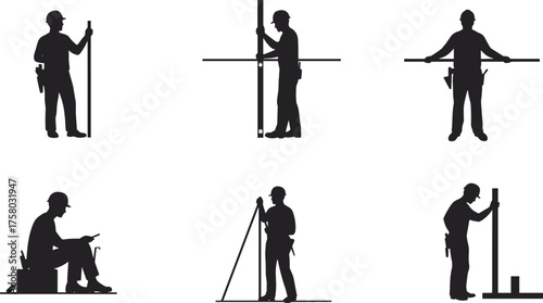  Construction workers silhouettes performing surveying, measuring, alignment, and inspection tasks with tripod instrument, level rod, handheld devices, safety helmets, teamwork, precision