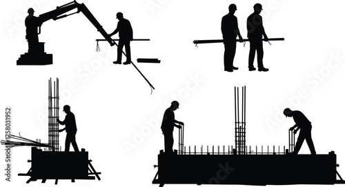  Construction workers silhouettes handling rebar and materials, crane operator guiding load, team carrying beam, tying reinforcement, site coordination, vector icon set