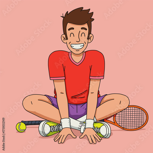A cartoon illustration of a smiling, athletic man in a red shirt and purple shorts sitting cross-legged with a tennis racket and ball next to him. The background is pale pink.