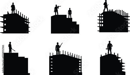Construction workers silhouettes, building stages, structural development, black icons, vector illustration, job site, tools, labor, scaffolding, reinforcement bars, safety, teamwork