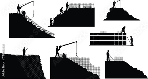 Construction workers silhouettes, crane operation, rebar installation, teamwork on building 