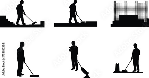 Construction workers silhouettes, sweeping, rolling, scaffolding, maintenance tasks, industrial labor, vector illustration, black icons, job site, equipment, safety, teamwork, tools