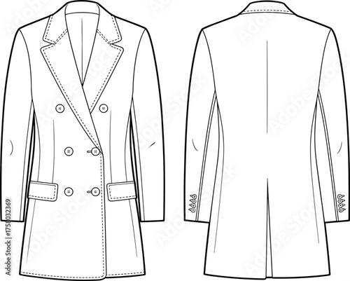 Double breasted blazer flat sketch, stylish tailored coat CAD drawing, formal jacket technical illustration, vector clothing design template, professional fashion outline