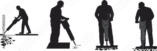  Construction workers using jackhammers, silhouette illustration, industrial demolition, roadwork tools, heavy equipment, labor force, vector art for stock content