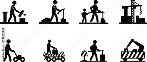  Construction workers, jackhammer, crane, robotic arm, manual labor, industrial tools, building site, silhouette icons, heavy equipment, teamwork, engineering, vector illustration