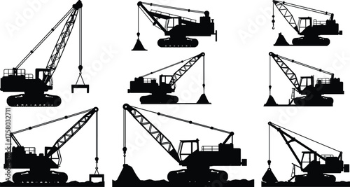 Crawler crane silhouette set, heavy lifting equipment vector, construction machinery in action, industrial hoisting operation, tracked crane illustration for stock