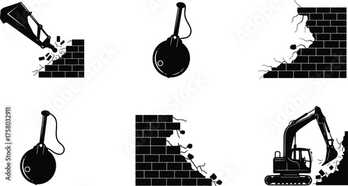  Demolition equipment and brick wall icons, excavator and wrecking ball graphics, black vector illustration, construction destruction visuals, debris impact symbols, site hazard design