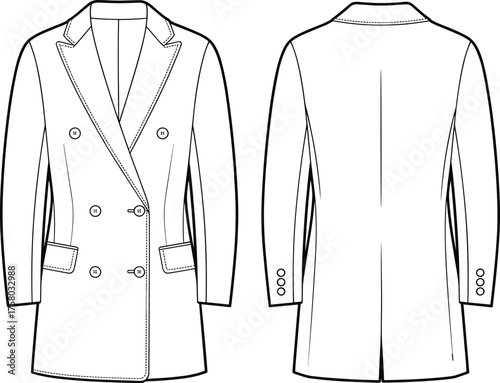 Double breasted long coat technical fashion flat sketch, tailored outerwear clothing design, front and back view, stylish cad drawing flat vector illustration