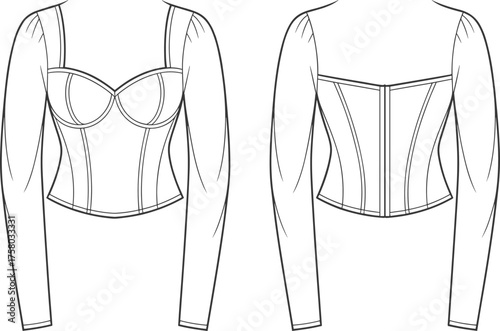 Elegant corset top fashion design with long sleeves, structured bodice, detailed stitching, technical cad drawing flat vector illustration for apparel