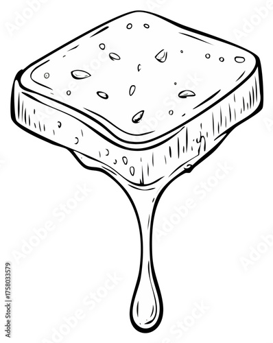 Hand-drawn outline of dripping honey from a slice of bread with seeds, creating a simple food illustration.