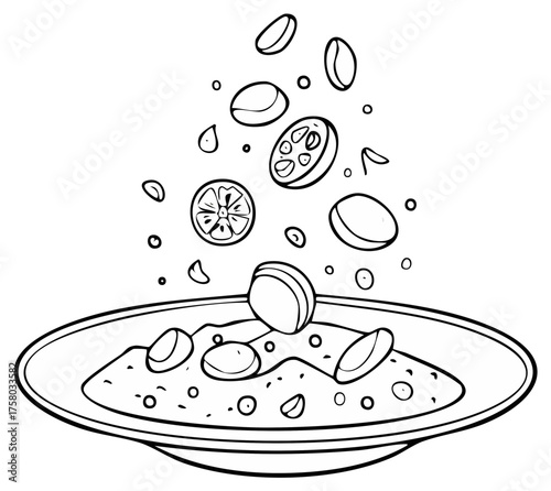 Black and white illustration of soup with ingredients pouring from above into a bowl