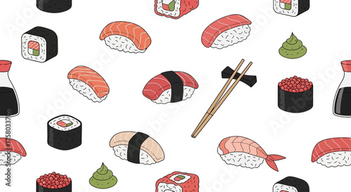 Seamless pattern with sushi, rolls, soy sauce, wasabi, and chopsticks on a white background.