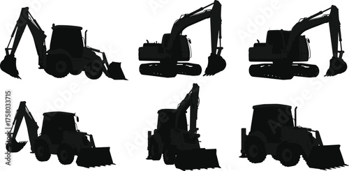  Excavator and backhoe loader silhouettes, construction machinery vector, heavy equipment icons, earthmoving tools, industrial site vehicles, black illustration, stock content