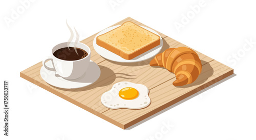 Breakfast tray with coffee, toast, croissant, and fried egg illustration.