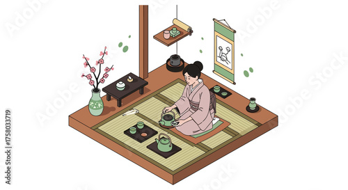 Isometric illustration of a woman in traditional Japanese clothing performing a tea ceremony in a tatami room.