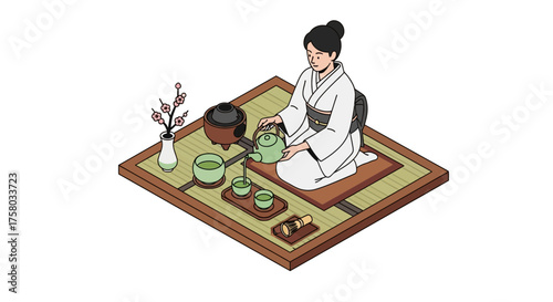 Illustration of a woman in kimono performing a traditional Japanese tea ceremony.