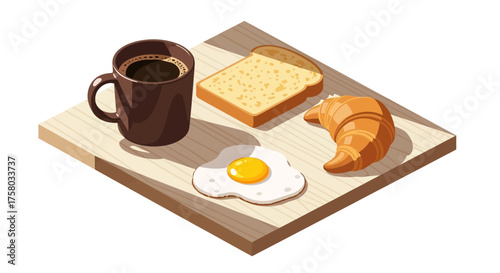 Isometric breakfast scene with coffee, toast, croissant and fried egg on a wooden board.