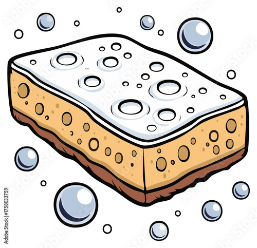Cartoon illustration of a soapy sponge with floating bubbles, for cleaning, washing, and household sanitation tasks