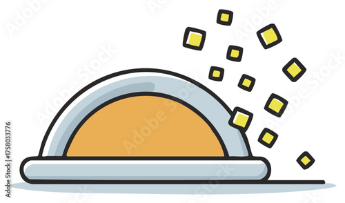 Food cloche lifting to reveal bright orange contents with yellow magical particles