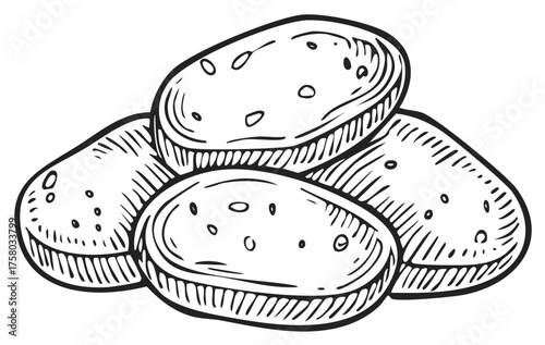 Hand drawn potato illustration with skin and flesh details in pile