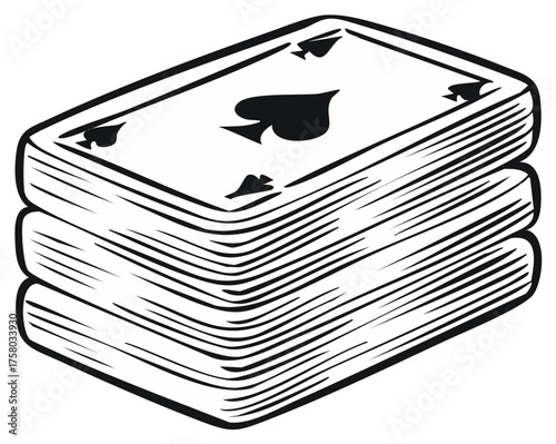 Outline rendition of stacked deck of playing cards featuring the spade suit as a design element for illustrative and recreational concepts