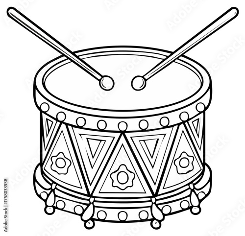Black and white outline drawing of a musical drum with crossed drumsticks art illustration