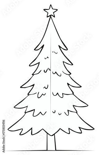 Christmas Tree outline illustration with star on top for festive decorations, winter holiday seasonal design, and coloring book art
