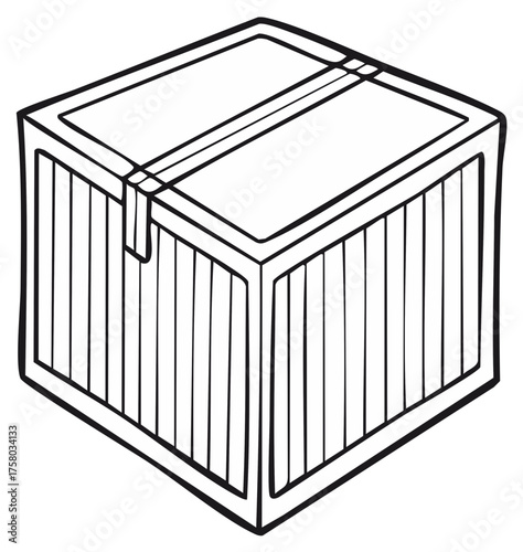 Drawn wood crate secured with a tape closure, an isometric view outline illustration.