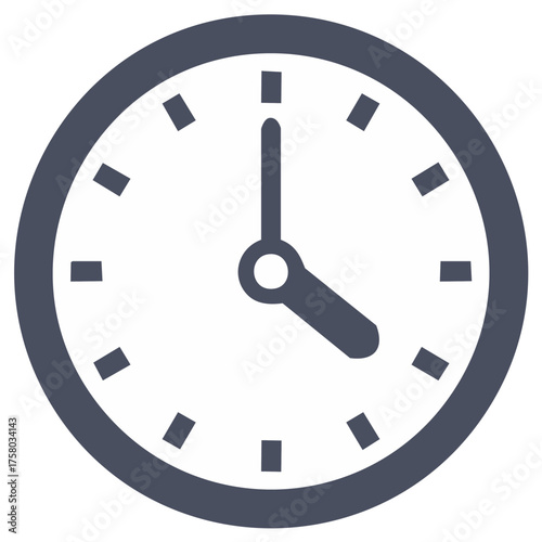 Dark Blue Clock Face Showing Time Isolated on White, Round Timepiece with Hands, Time Concept