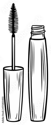 Black and white illustration of mascara tube and applicator with design elements.