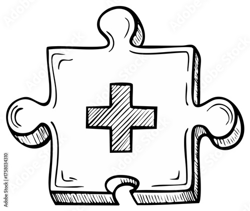 Hand drawn puzzle piece with a medical cross symbol represents healthcare connection and solutions