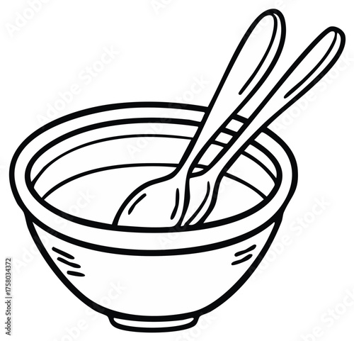 Empty bowl with crossed spoons simple outline illustration for food preparation or dining use