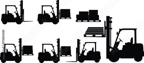  Forklift silhouette vector, warehouse equipment icon, pallet handling illustration, industrial logistics machine, black and white transport tool, cargo lifting graphic