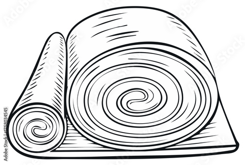 Line art illustration depicting rolled towels, washcloths, textile products, vector